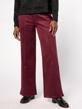 Wide-Leg Ponte Pants in Wine Faux Suede